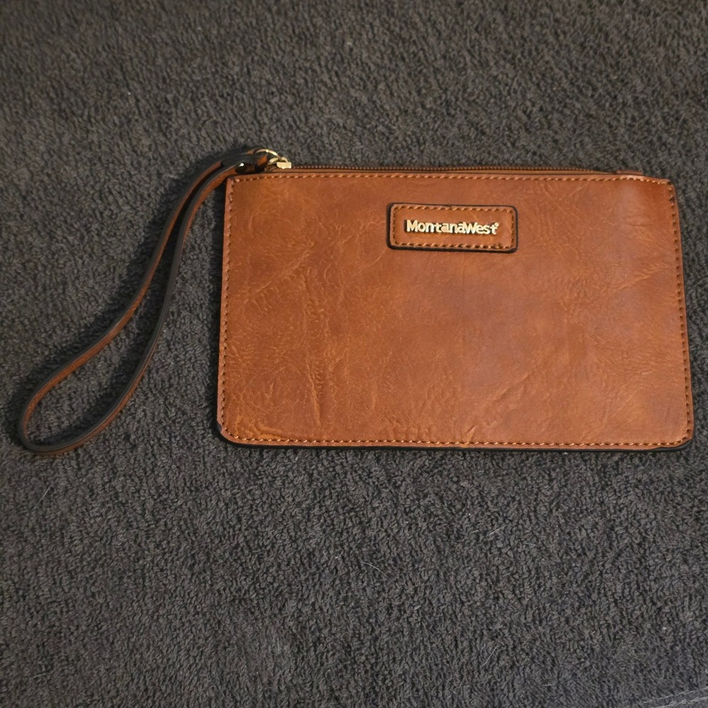 Montana West Bag Wristlet Clutch Women Small Cognac Brown Vegan Leather Zip